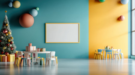 Colorful pastel colors learning rooms for pre-primary students or young children blank mockup frames on merry christmas wall of kindergarten or children playroom, display and show mockupの素材