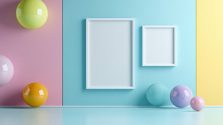 Colorful pastel colors learning rooms for pre-primary students or young children blank mockup frames on merry christmas wall of kindergarten or children playroom, display and show mockupの素材