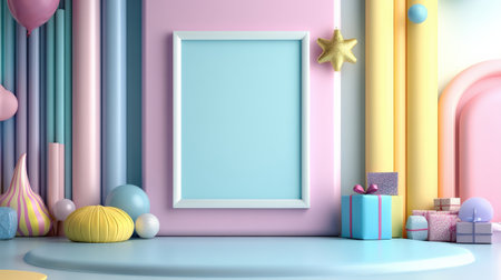 Colorful pastel colors learning rooms for pre-primary students or young children blank mockup frames on merry christmas wall of kindergarten or children playroom, display and show mockupの素材