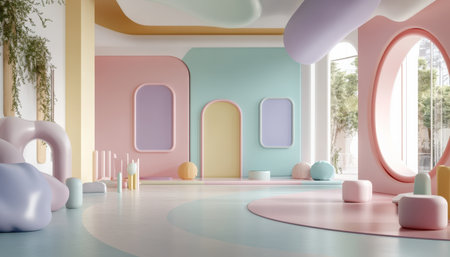 Colorful pastel colors learning rooms for pre-primary students or young children blank mockup frames on merry christmas wall of kindergarten or children playroom, display and show mockupの素材