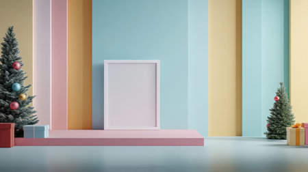 Colorful pastel colors learning rooms for pre-primary students or young children blank mockup frames on merry christmas wall of kindergarten or children playroom, display and show mockupの素材