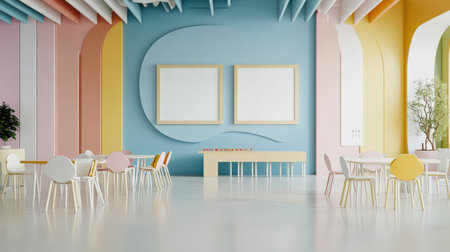 Colorful pastel colors learning rooms for pre-primary students or young children blank mockup frames on merry christmas wall of kindergarten or children playroom, display and show mockupの素材
