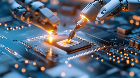 A close up of a circuit board being assembled by a robot.の素材