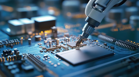 A close up of a circuit board being assembled by a robot.の素材