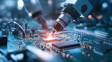 A close up of a circuit board being assembled by a robot.の素材