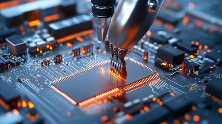 A close up of a circuit board being assembled by a robot.の素材