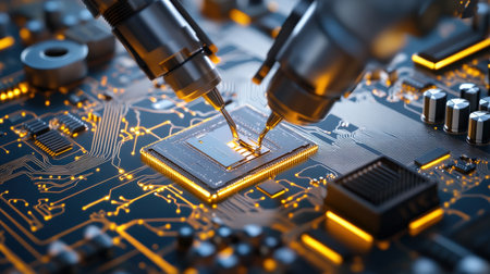 A close up of a circuit board being assembled by a robot.の素材