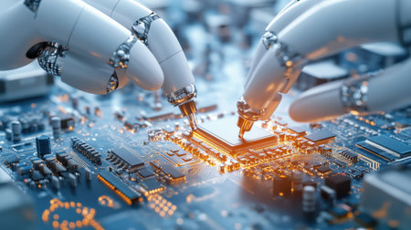 A close up of a circuit board being assembled by a robot.の素材
