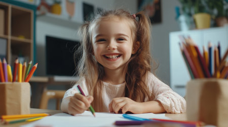 girl sitting at a table and drawing with colored pencils ,Happy child girl draws with colored pencils in white room studioの素材
