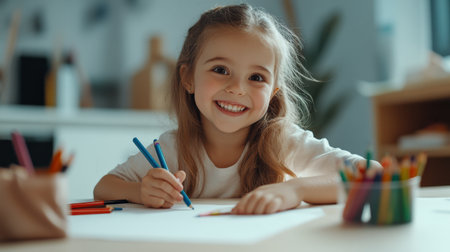 girl sitting at a table and drawing with colored pencils ,Happy child girl draws with colored pencils in white room studioの素材
