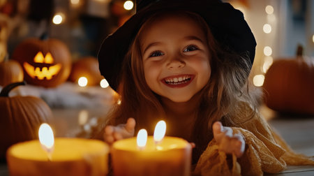 Little cute caucasian happy girl in witch costume with candles in front, fun and amusement expression on face, celebrating halloween pumpkin partyの素材