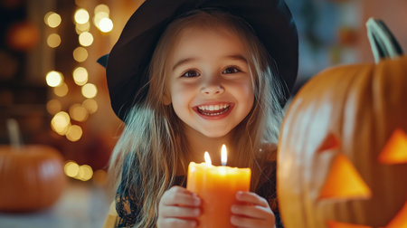 Little cute caucasian happy girl in witch costume with candles in front, fun and amusement expression on face, celebrating halloween pumpkin partyの素材