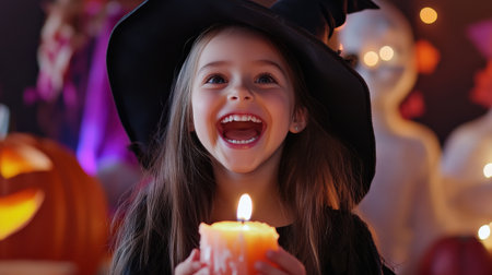 Little cute caucasian happy girl in witch costume with candles in front, fun and amusement expression on face, celebrating halloween pumpkin partyの素材