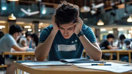 "A student nervously checking over their exam paper before submitting it --ar 16:9 --personalize jaydbm9 --v 6.1 Job ID: 727f8e2b-20cf-49cf-9fa9-1a72c22ed211の素材