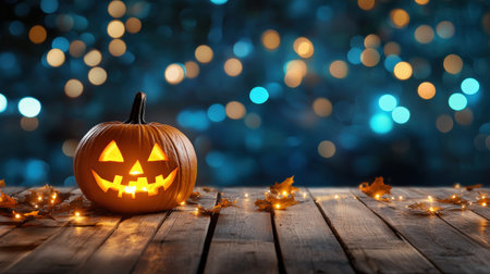 Happy Halloween holiday background banner greeting card - Wooden table with carved glowing pumpkin and blurred background with bokeh lightsの素材