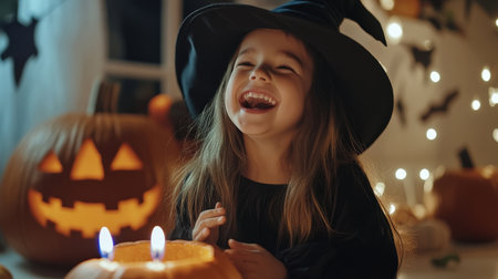 Little cute caucasian happy girl in witch costume with candles in front, fun and amusement expression on face, celebrating halloween pumpkin partyの素材
