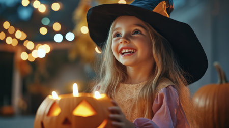 Little cute caucasian happy girl in witch costume with candles in front, fun and amusement expression on face, celebrating halloween pumpkin partyの素材