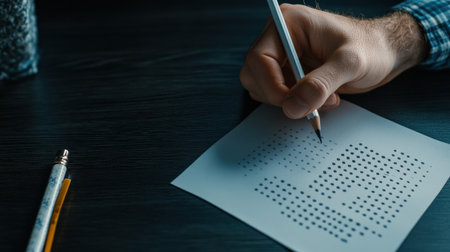 A quiz paper placed next to a pencil and an eraser, with a person hand ready to beginの素材