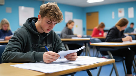 A student confidently turning in their completed exam paper at the front of the classroomの素材
