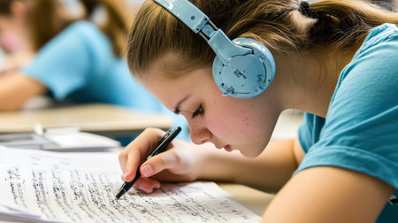 A student filling in a multiple-choice answer sheet during an exam, concentrating hardの素材