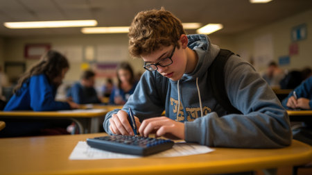 A student using a calculator to solve a math problem during a standardized examの素材