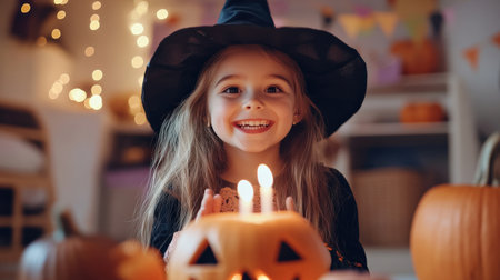 Little cute caucasian happy girl in witch costume with candles in front, fun and amusement expression on face, celebrating halloween pumpkin partyの素材