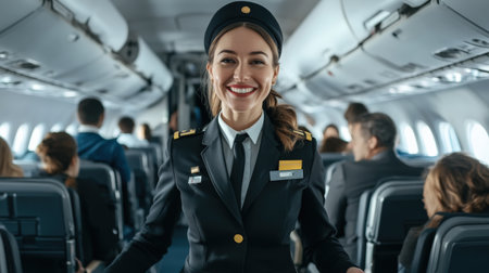 An air hostess in uniform smiling and assisting passengers during boarding.の素材