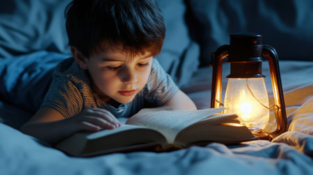 A little boy reading an old book under the light of a vintage lantern. A mysterious glow illuminates the pages. boy's face. Halloween Day conceptの素材