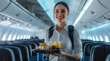 A smiling air hostess holding a tray of refreshments in the airplane aisle.の素材