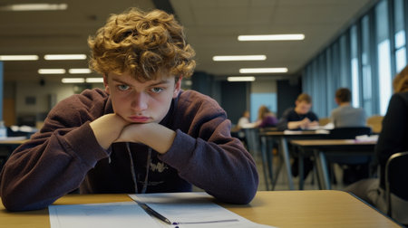 A student staring thoughtfully at their exam paper, considering the next answerの素材