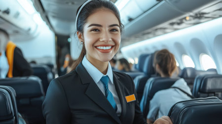 An air hostess in uniform smiling and assisting passengers during boarding.の素材