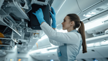 An air hostess helping a passenger place luggage in the overhead compartment.の素材