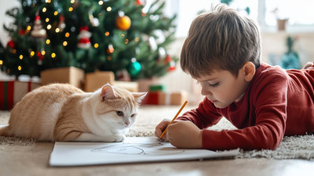 A young boy drawing on the floor with his cat, in a festive atmosphere. A Christmas tree is visible in the background, with soft lighting and warm colors.の素材
