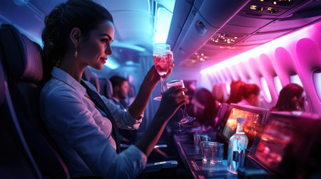 An air hostess serving drinks to passengers in a brightly lit airplane cabin.の素材
