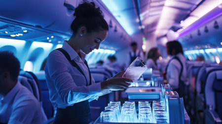 An air hostess serving drinks to passengers in a brightly lit airplane cabin.の素材