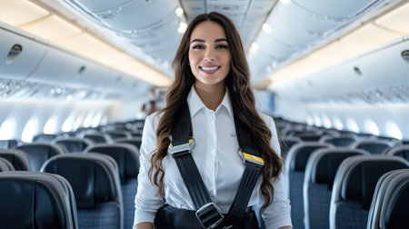 An air hostess demonstrating safety procedures with a seatbelt on an airplane.の素材