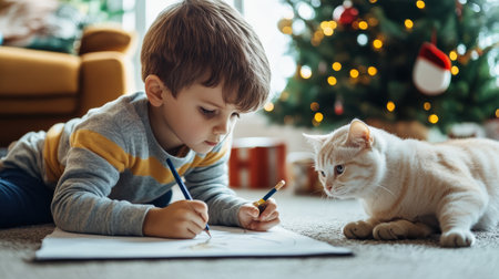 A young boy drawing on the floor with his cat, in a festive atmosphere. A Christmas tree is visible in the background, with soft lighting and warm colors.の素材