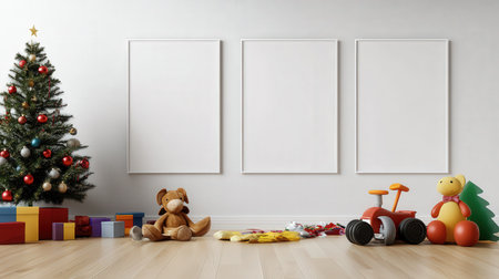 Colorful pastel colors learning rooms for pre-primary students or young children blank mockup frames on merry christmas wall of kindergarten or children playroom, display and show mockupの素材