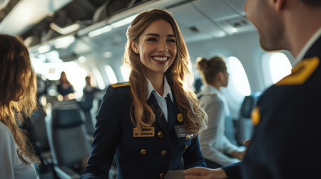 An air hostess in uniform smiling and assisting passengers during boarding.の素材