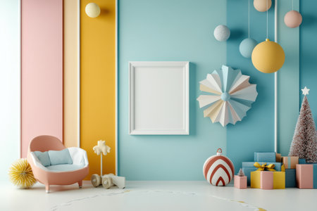 Colorful pastel colors learning rooms for pre-primary students or young children blank mockup frames on merry christmas wall of kindergarten or children playroom, display and show mockupの素材