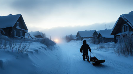 A child pulling his sled in the snow, in front of him is an abandoned village with houses covered by thick fog and snow, it's dark outside, the sky is gray and snowyの素材