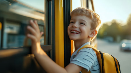 Cute kid with backpack getting on school bus Happy child boy standing in the school bus. Back to school concept.の素材