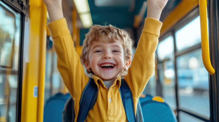 Cute kid with backpack getting on school bus Happy child boy standing in the school bus. Back to school concept.の素材