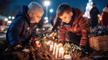 Children lighting candles at the cemetery on Black Friday, surrounded by flowers and lanterns, wearing winter against a dark background, faces with sad expressionsの素材