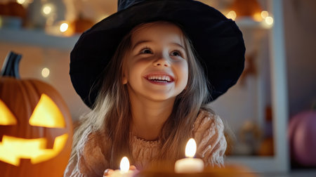 Little cute caucasian happy girl in witch costume with candles in front, fun and amusement expression on face, celebrating halloween pumpkin partyの素材