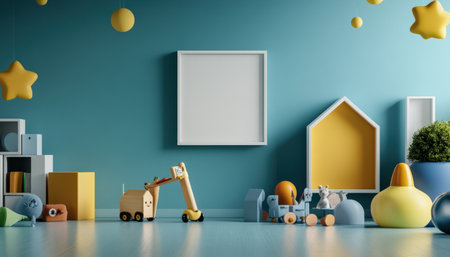 Colorful pastel colors learning rooms for pre-primary students or young children blank mockup frames on merry christmas wall of kindergarten or children playroom, display and show mockupの素材