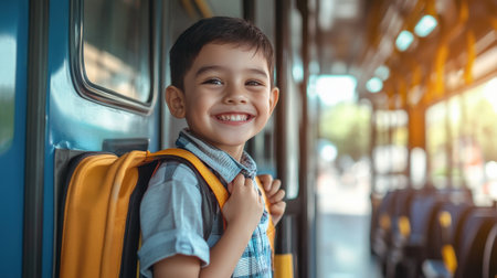 Cute kid with backpack getting on school bus Happy child boy standing in the school bus. Back to school concept.の素材
