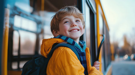 Cute kid with backpack getting on school bus Happy child boy standing in the school bus. Back to school concept.の素材