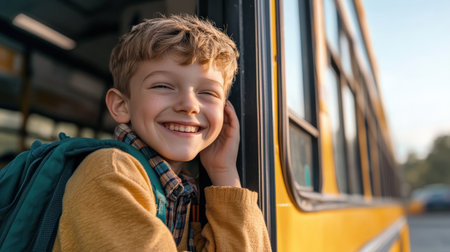 Cute kid with backpack getting on school bus Happy child boy standing in the school bus. Back to school concept.の素材