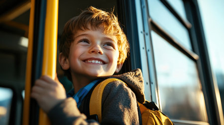 Cute kid with backpack getting on school bus Happy child boy standing in the school bus. Back to school concept.の素材